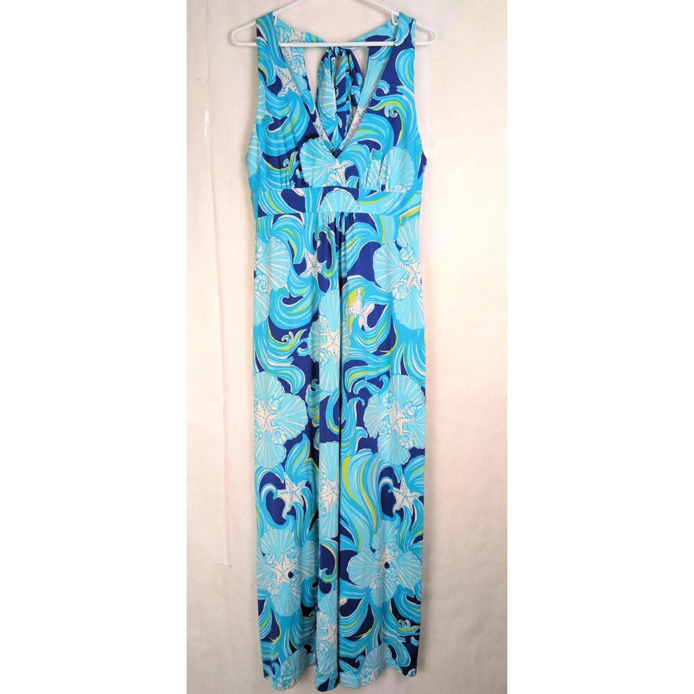 Lilly Pulitzer Do The Wave blue shell print silk maxi dress Size Sm Vaca Coastal